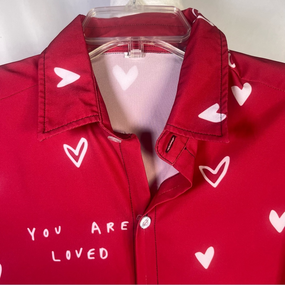 Amazon “You Are Loved” Red Heart Print Men's Shirt Red with White Hearts Large